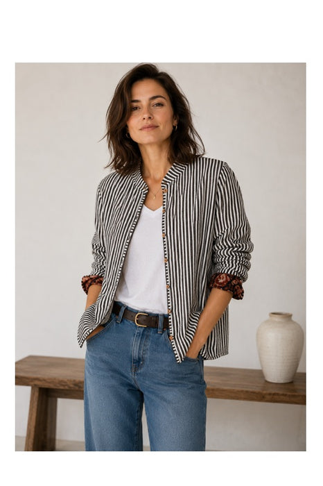 Veste coton réversible - motif cachemire noir/brun/beige - rayures noir/blanc - Taille Unique