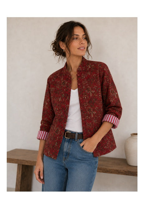 Jacke Baumwolle reversibel - Blumen Muster rot/braun/beige - Streifen rot/weiss - One Size