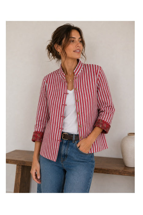 Jacke Baumwolle reversibel - Blumen Muster rot/braun/beige - Streifen rot/weiss - One Size