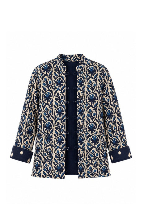 Veste en coton réversible - Fleurs bleu/beige/bleu clair - Motif fantaisie bleu/beige - Taille unique