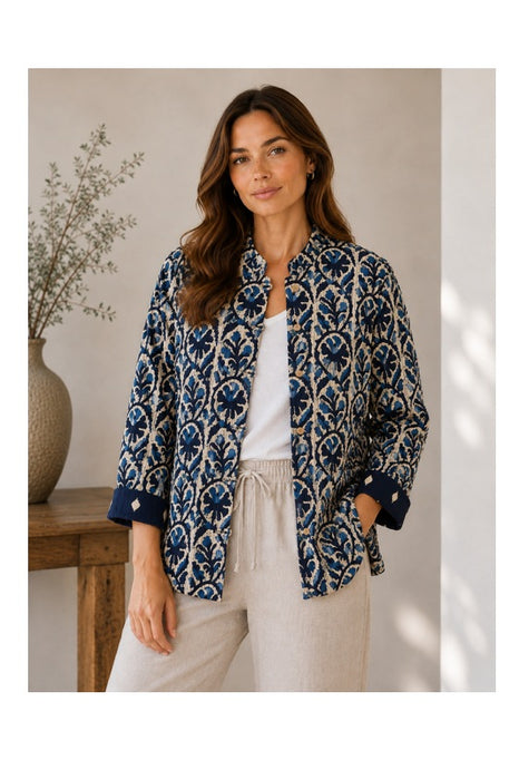Veste en coton réversible - Fleurs bleu/beige/bleu clair - Motif fantaisie bleu/beige - Taille unique