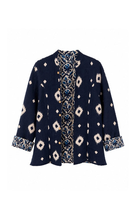 Veste en coton réversible - Fleurs bleu/beige/bleu clair - Motif fantaisie bleu/beige - Taille unique