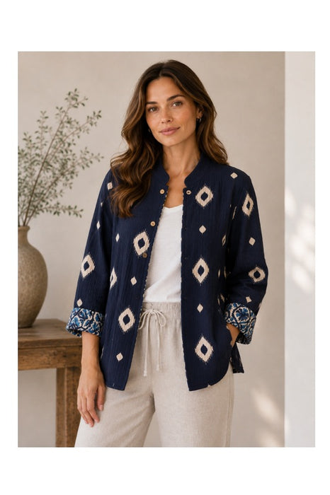 Veste en coton réversible - Fleurs bleu/beige/bleu clair - Motif fantaisie bleu/beige - Taille unique