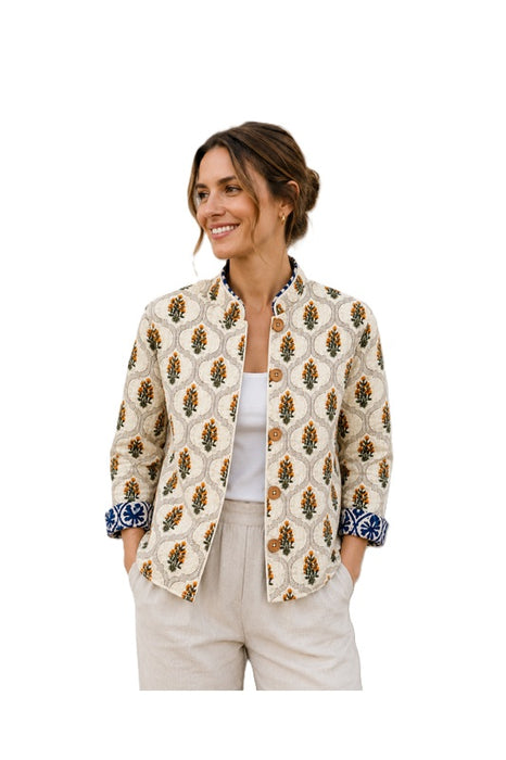 Jacke Baumwolle reversibel - Blumen blau/beige/hellblau - Blumen Muster beige/gelb/grün - One Size