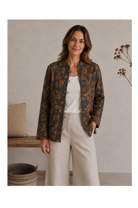Jacke Baumwolle reversibel - Blumen gelb/braun/petrol - Streifen blau/weiss/rot - One Size