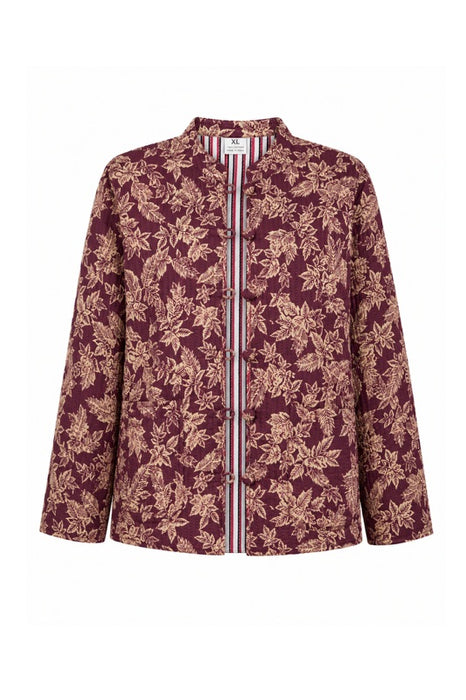 Jacke Baumwolle reversibel - Blätter bordeaux/goldfarben - Streifen weiss/rot - One Size