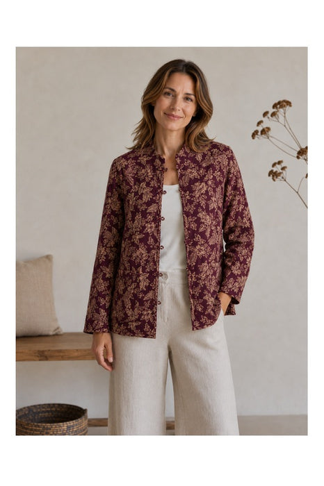 Jacke Baumwolle reversibel - Blätter bordeaux/goldfarben - Streifen weiss/rot - One Size