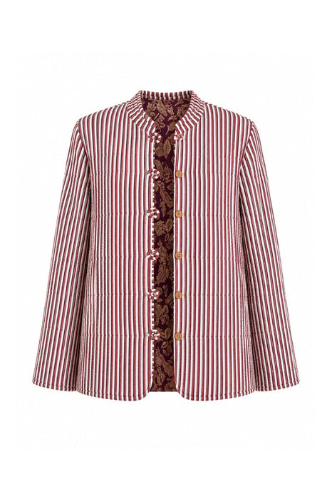 Jacke Baumwolle reversibel - Blätter bordeaux/goldfarben - Streifen weiss/rot - One Size