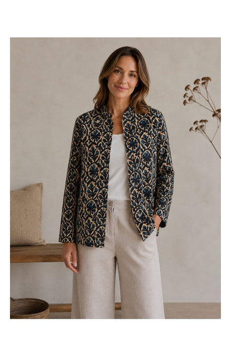 Jacke Baumwolle reversibel - Blumen schwarz/beige/blau - Fantasiemuster blau/weiss - One Size