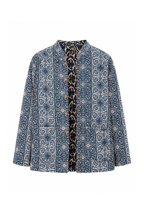 Jacke Baumwolle reversibel - Blumen schwarz/beige/blau - Fantasiemuster blau/weiss - One Size
