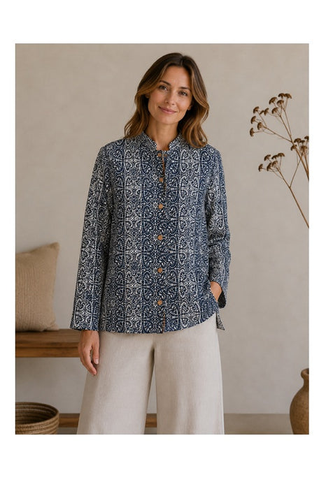 Jacke Baumwolle reversibel - Blumen schwarz/beige/blau - Fantasiemuster blau/weiss - One Size