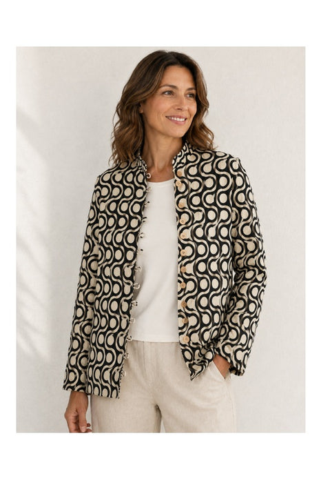 Jacke Baumwolle reversibel - graphisches Muster fein schwarz/beige - graphisches Muster robust schwarz/beige - One Size
