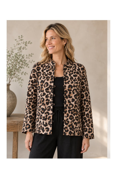 Jacke Baumwolle reversibel - Animal Print schwarz/beige/braun - Baumsilouetten blau/weiss - One Size