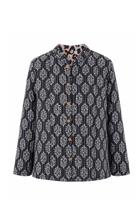 Jacke Baumwolle reversibel - Animal Print schwarz/beige/braun - Baumsilouetten blau/weiss - One Size