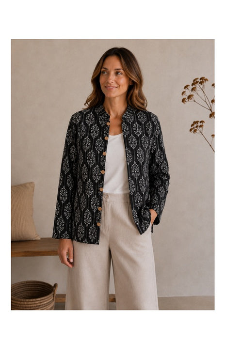 Jacke Baumwolle reversibel - Animal Print schwarz/beige/braun - Baumsilouetten blau/weiss - One Size