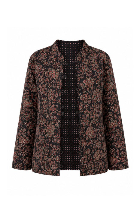 Jacke Baumwolle reversibel - Blumen schwarz/grün/rot - Punktmuster schwarz/goldfarben - One Size