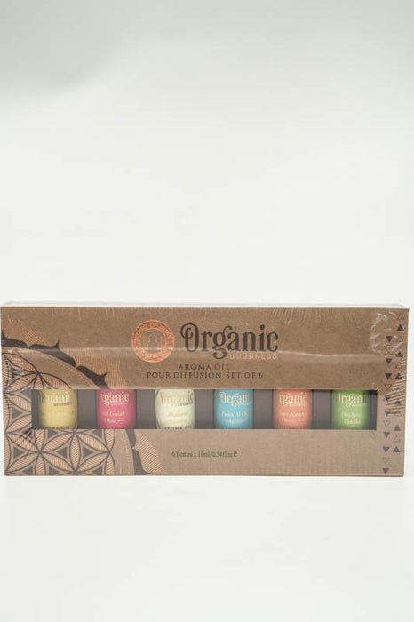 Aroma Öl Set "Organic", 6 Duftsorten à 10 ml (Mysore Chandan - Sandalwood / Desi Gulab - Rose / Madurai Jasmine / Dehn Al Oudh - Agarwood / Nagpuri Narangi - Orange / Patchouli Vanilla)