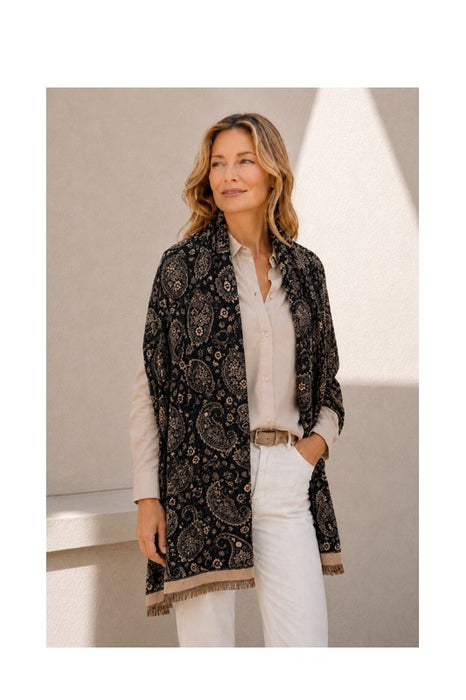 Scarf wool/viscose paisley black/beige 65x180cm