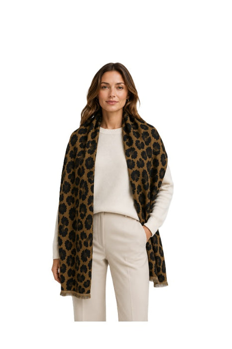 Schal Wolle/Viskose Leopard gross schwarz/camel 65x180cm