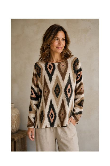 Pullover Polyester/Viskose Ikat-Gewebe beige/braun/multicolor - One Size