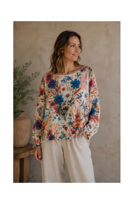 Pullover Polyester/Viskose beige Blumen blau/rot/multicolor - One Size