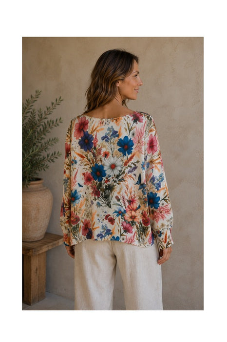 Pullover Polyester/Viskose beige Blumen blau/rot/multicolor - One Size