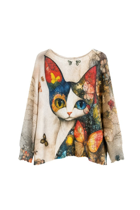 Pullover Polyester/Viskose beige Katzen Print rot/gelb/blau/multicolor- One Size