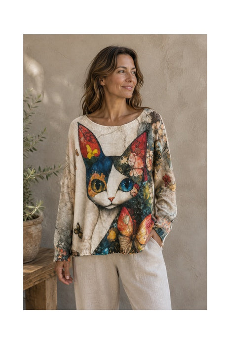 Pullover Polyester/Viskose beige Katzen Print rot/gelb/blau/multicolor- One Size