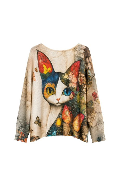 Pullover Polyester/Viskose beige Katzen Print rot/gelb/blau/multicolor- One Size