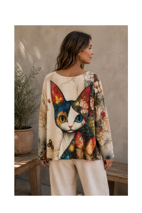 Pullover Polyester/Viskose beige Katzen Print rot/gelb/blau/multicolor- One Size