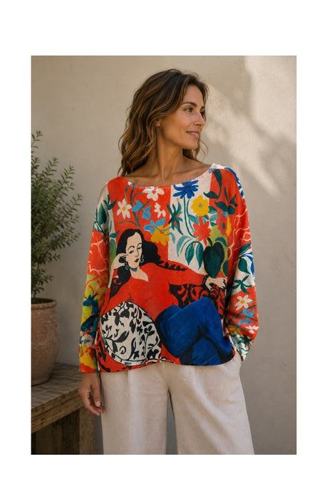 Pullover Polyester/Viskose Matisse Frau mit Blumen Print rot/beige/blau/multicolor - One Size