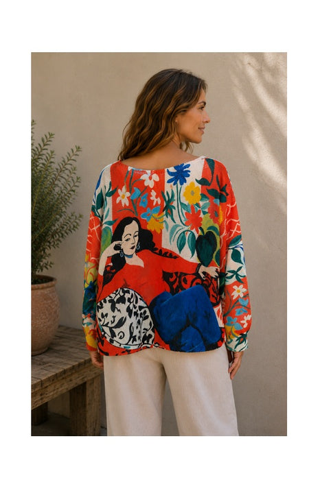 Pullover Polyester/Viskose Matisse Frau mit Blumen Print rot/beige/blau/multicolor - One Size