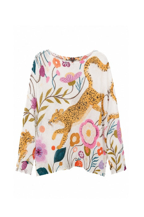 Pullover Polyester/Viskose beige Leopard und Blumen Print hellbraum/rosa/multicolor - One Size