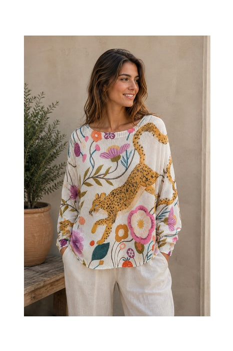 Pullover Polyester/Viskose beige Leopard und Blumen Print hellbraum/rosa/multicolor - One Size