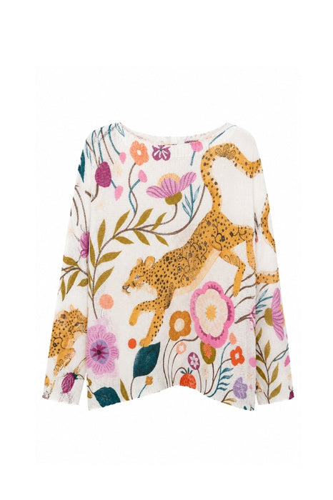 Pullover Polyester/Viskose beige Leopard und Blumen Print hellbraum/rosa/multicolor - One Size