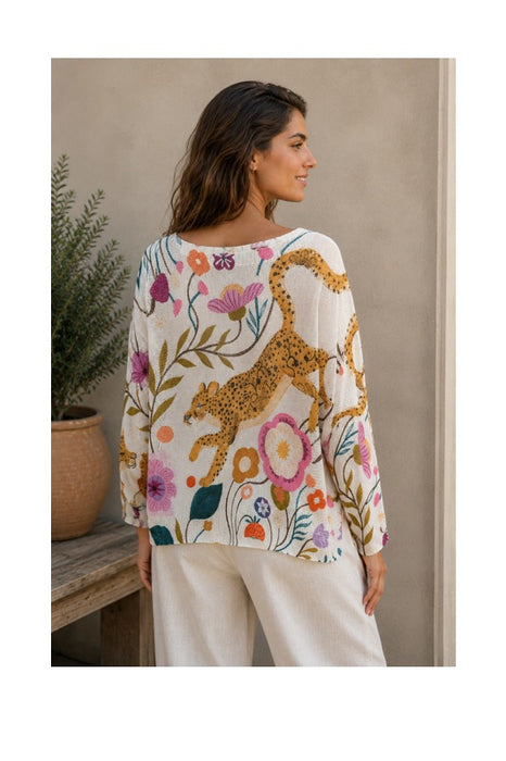 Pullover Polyester/Viskose beige Leopard und Blumen Print hellbraum/rosa/multicolor - One Size