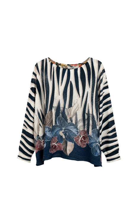 Pullover Polyester/Viskose Zebramuster mit Blumen blau/dunkelrot - One Size