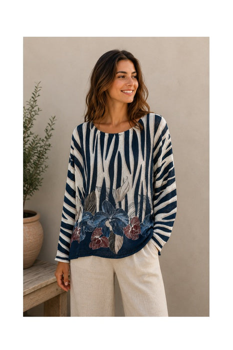Pullover Polyester/Viskose Zebramuster mit Blumen blau/dunkelrot - One Size