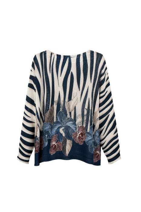 Pullover Polyester/Viskose Zebramuster mit Blumen blau/dunkelrot - One Size