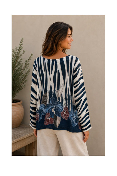 Pullover Polyester/Viskose Zebramuster mit Blumen blau/dunkelrot - One Size