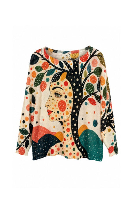 Pullover Polyester/Viskose beige mit Frauengesicht und Baum schwarz/multicolor - One Size