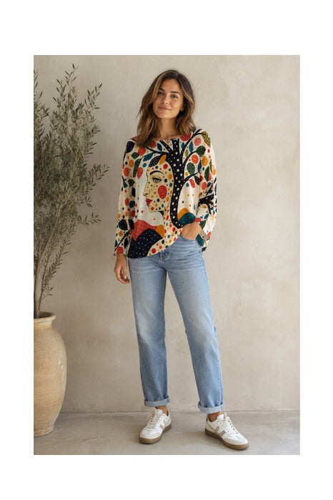 Pullover Polyester/Viskose beige mit Frauengesicht und Baum schwarz/multicolor - One Size