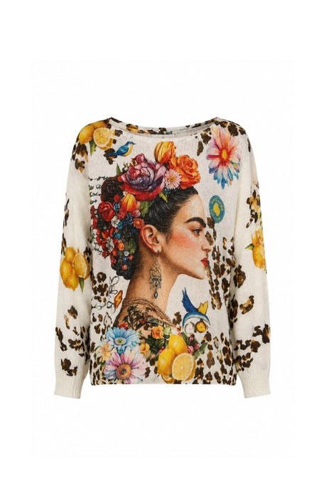 Pullover Polyester/Viskose beige mit Frida Kahlo und Blumen Print multicolor - One Size