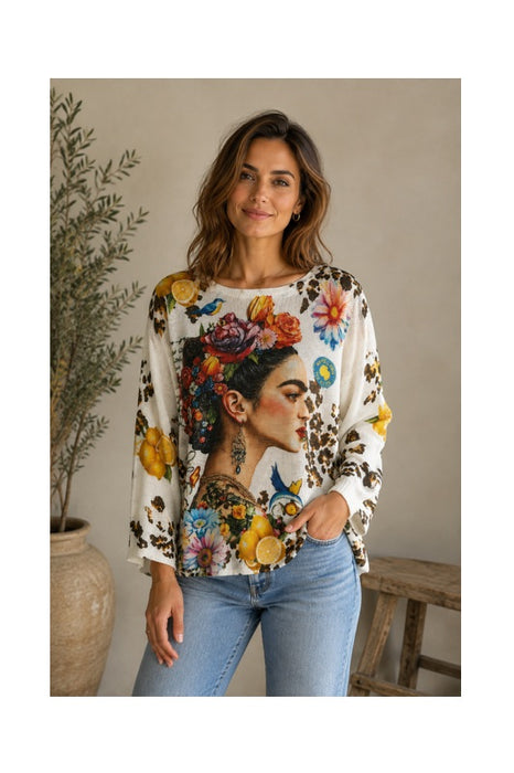 Pullover Polyester/Viskose beige mit Frida Kahlo und Blumen Print multicolor - One Size