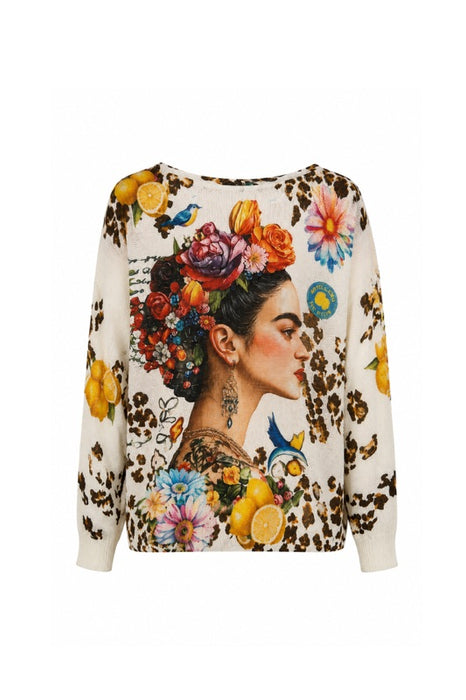 Pullover Polyester/Viskose beige mit Frida Kahlo und Blumen Print multicolor - One Size