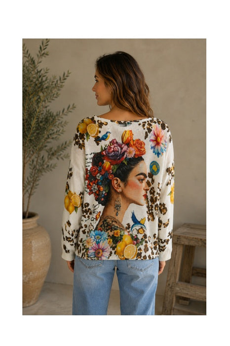 Pullover Polyester/Viskose beige mit Frida Kahlo und Blumen Print multicolor - One Size