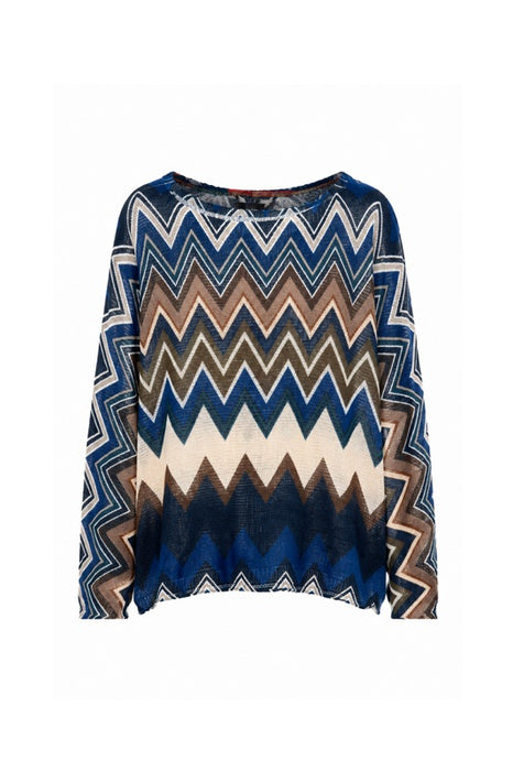 Pullover Polyester/Viskose Zickzack Muster blau/braun/beige - One Size
