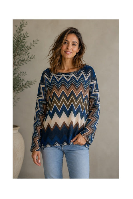 Pullover Polyester/Viskose Zickzack Muster blau/braun/beige - One Size