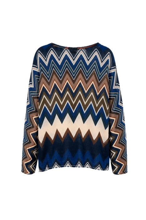 Pullover Polyester/Viskose Zickzack Muster blau/braun/beige - One Size