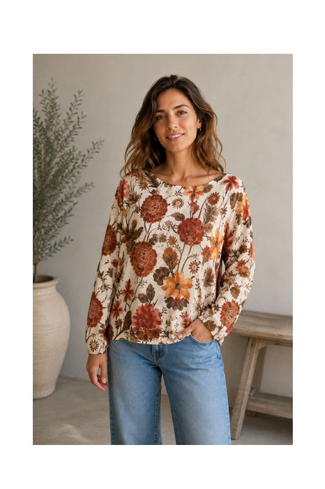 Pullover Polyester/Viskose beige mit Herbst Blumen Print braun/orange/rot - One Size
